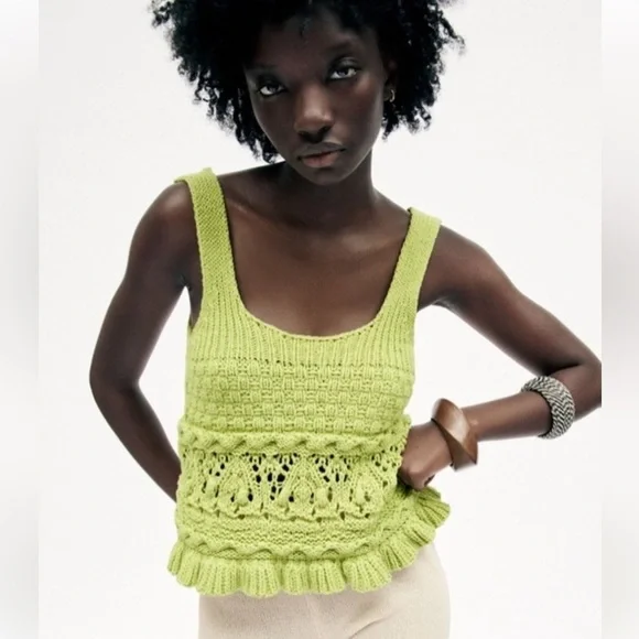 Zara Green Ribbed Cropped Tank Top - Picture 1 of 6